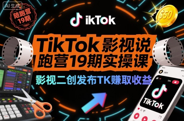 TikTok影视解说陪跑营19期实操课，影视二创发布TK賺取收益，万播收益50美金-咖脉互联