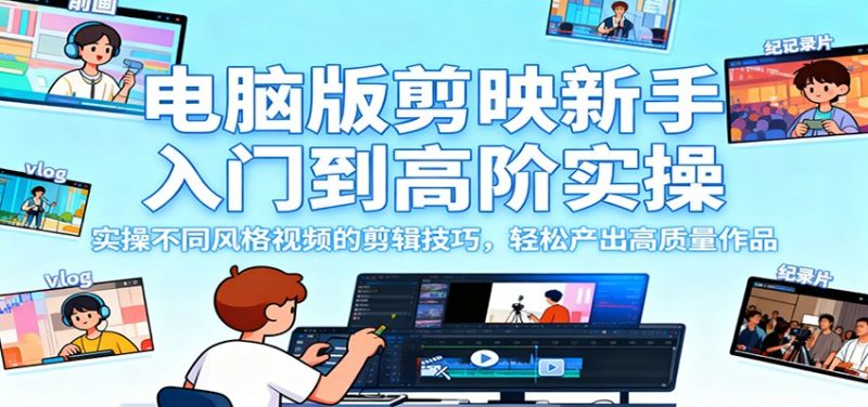 电脑版剪映新手入门到高阶实操，实操不同风格视频的剪辑技巧，轻松产出高质量作品-咖脉互联