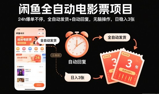 闲鱼全自动电影票项目，24h爆单不停，全自动发货+自动回复，无脑操作，日稳入3张【揭秘】-咖脉互联