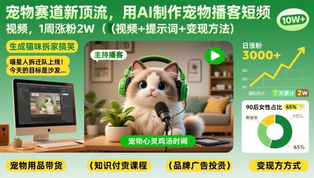 宠物赛道新顶流,用AI制作宠物播客短视频,1周涨粉2W(视频+提示词+变现方法)-咖脉互联