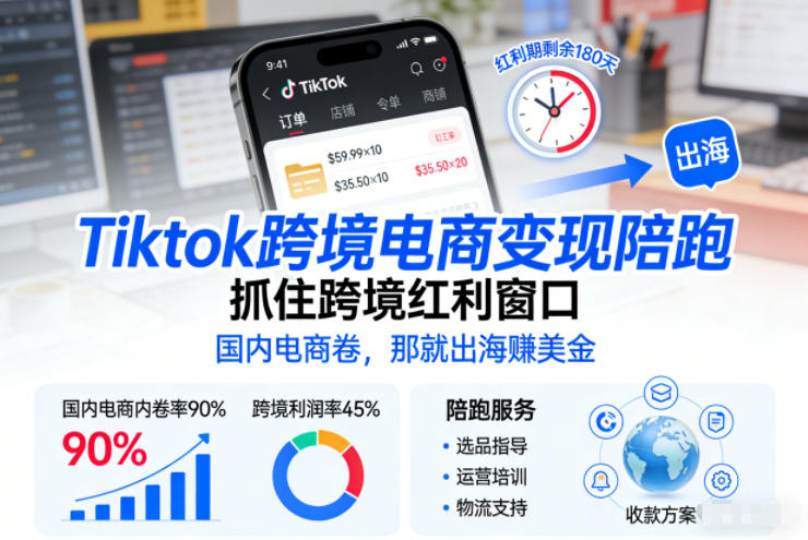 Tiktok跨境电商变现陪跑，抓住跨境红利窗口，国内电商卷，那就出海賺美金-咖脉互联