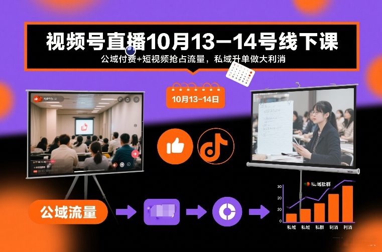 视频号直播10月13-14号线下课，公域付费+短视频抢占流量，私域升单做大利消-咖脉互联