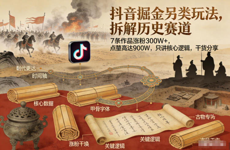 抖音掘金另类玩法，拆解历史赛道，7条作品涨粉300W+，点赞量高达900W，只讲核心逻辑，干货分享-咖脉互联