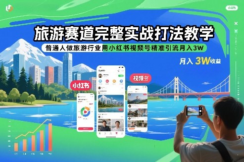 旅游赛道完整实战打法教学，普通人做旅游行业用小红书视频号精准引流月入3W-咖脉互联