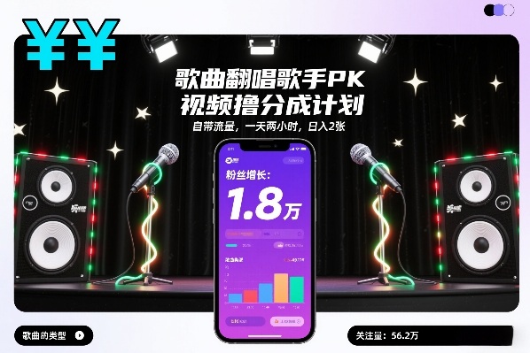 歌曲翻唱歌手PK视频撸分成计划,自带流量,一天两小时,日入2张-咖脉互联
