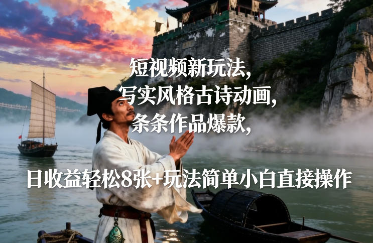 短视频新玩法，写实风格古诗动画，条条作品爆款，日收益轻松8张+玩法简单小白直接操作-咖脉互联