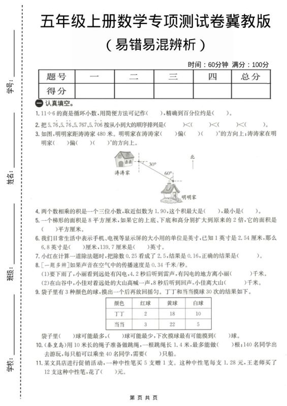 五年级上数学易错易混辩护专项测试卷《冀教版》-咖脉互联