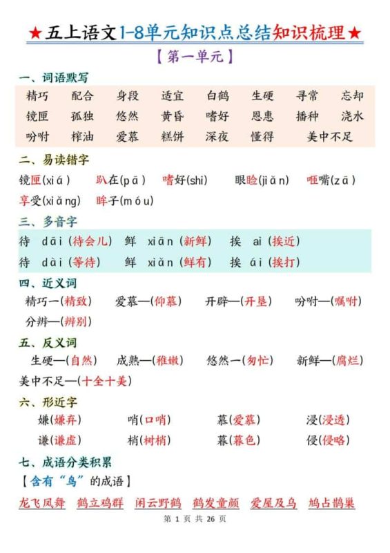五年级上语文1-8单元知识点总结知识梳理-咖脉互联
