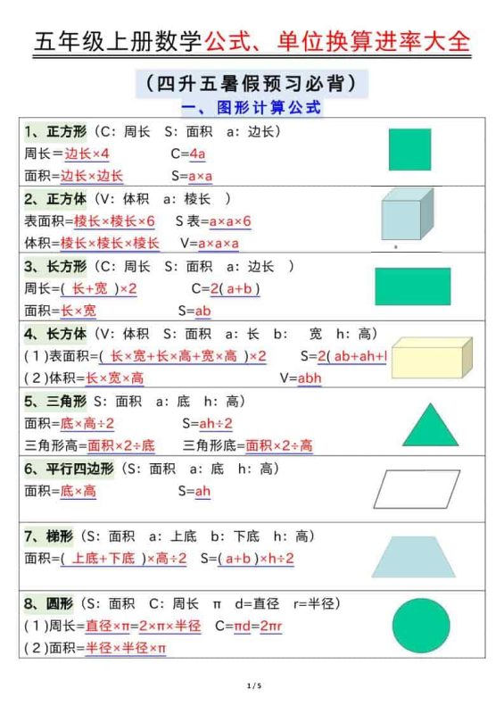 五年级上数学公式、单位换算进率大全-咖脉互联