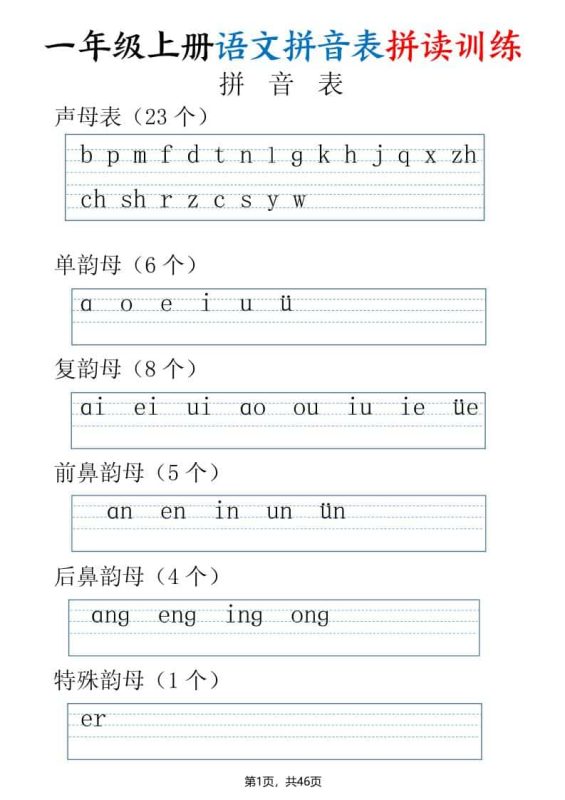 一年级上语文拼读表拼读训练（全46页）-咖脉互联