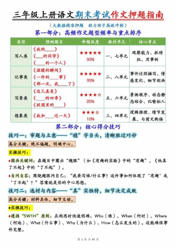 25秋三上语文期末考试作文押题写作指南+范文47页-咖脉互联