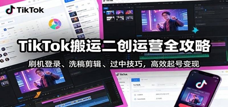 TikTok搬运二创运营全攻略:刷机登录、洗稿剪辑 、过中技巧,高效起号变现-咖脉互联