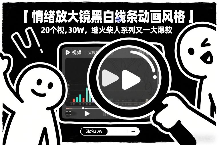 情绪放大镜黑白线条动画风格,20个视频,涨粉30W,继火柴人系列又一大爆款-咖脉互联