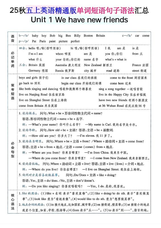 五年级上英语单词短语句子语法汇总人教精通版-咖脉互联