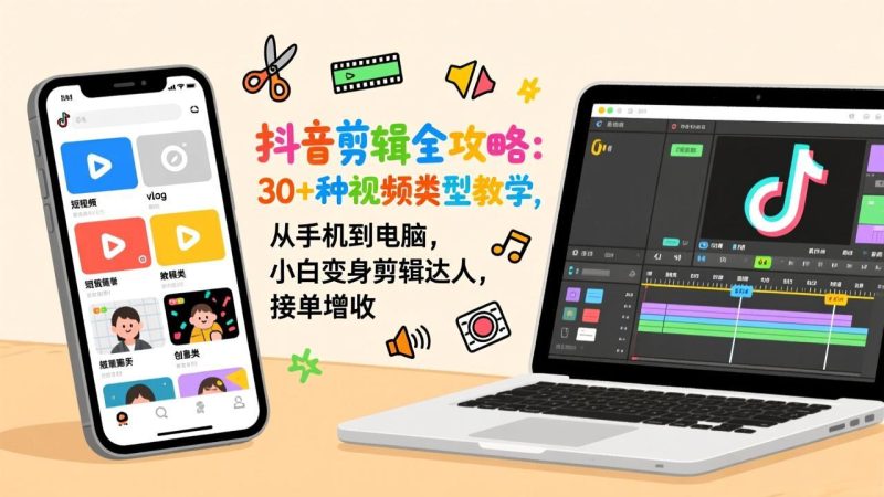 抖音剪辑全攻略:30+种视频类型教学,从手机到电脑,小白变身剪辑达人,接单增收-咖脉互联