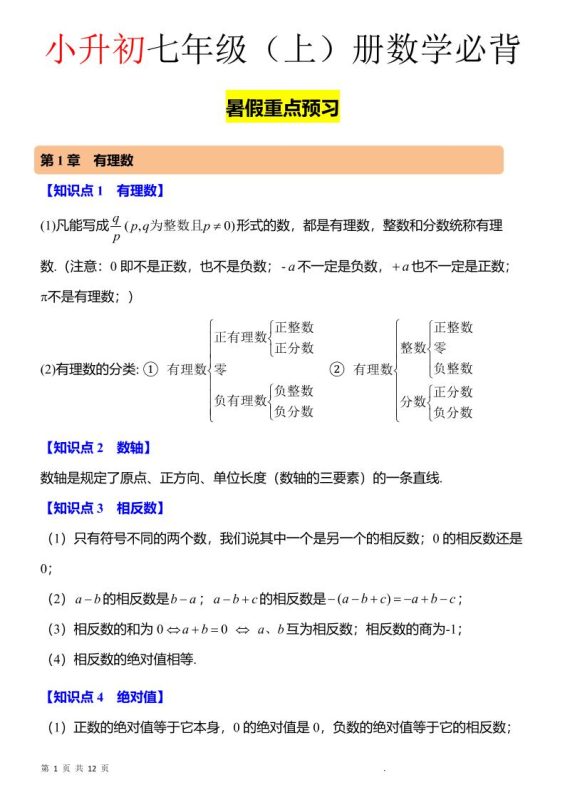 七年级上数学知识点归纳总结-咖脉互联