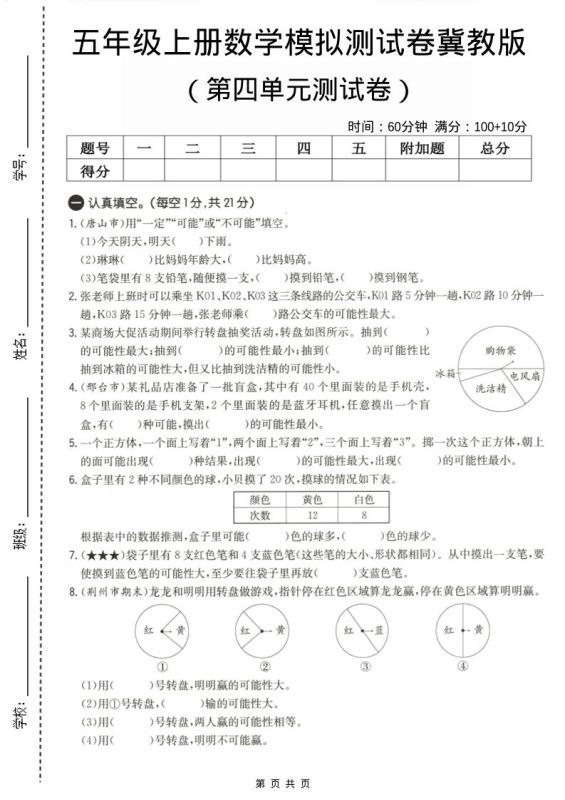 五年级上数学第四单元测试卷《冀教版》-咖脉互联