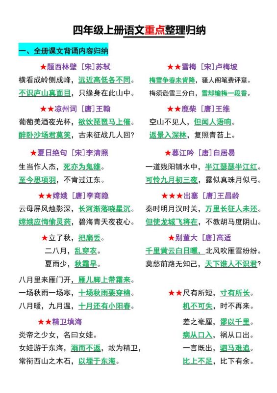 四年级上语文重点整理归纳-咖脉互联