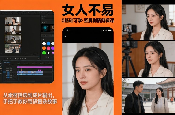 0基础可学！《女人不易》竖屏剧情剪辑课，从素材筛选到成片输出，手把手教你驾驭复杂故事-咖脉互联