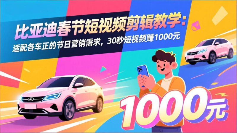 比亚迪春节短视频剪辑教学：适配各车企的节日营销需求，30秒短视频赚1000元-咖脉互联