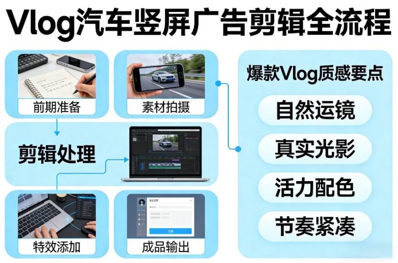 Vlog感觉汽车竖屏广告剪辑脚本全流程，拿捏爆款Vlog质感-咖脉互联