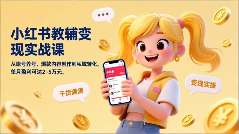 小红书教辅变现实战课，从账号养号、爆款内容创作到私域转化，单月盈利可达2-5万元-咖脉互联