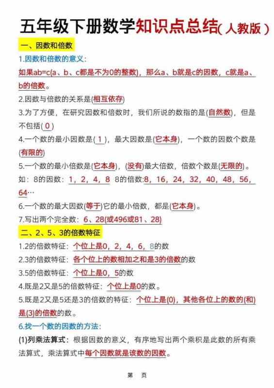 五年级下数学知识点总结《人教版》-咖脉互联