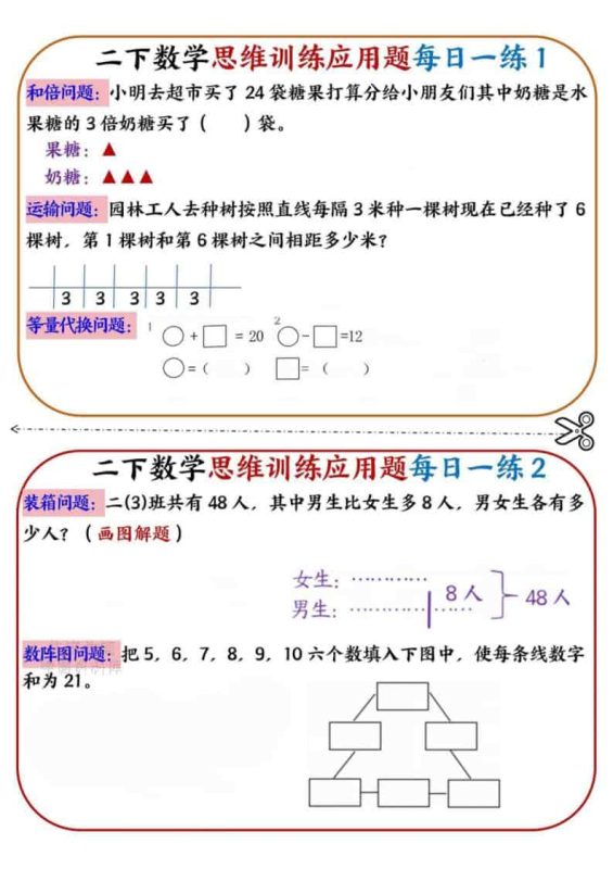 二年级下数学思维训练应用题每日一练小纸条-咖脉互联