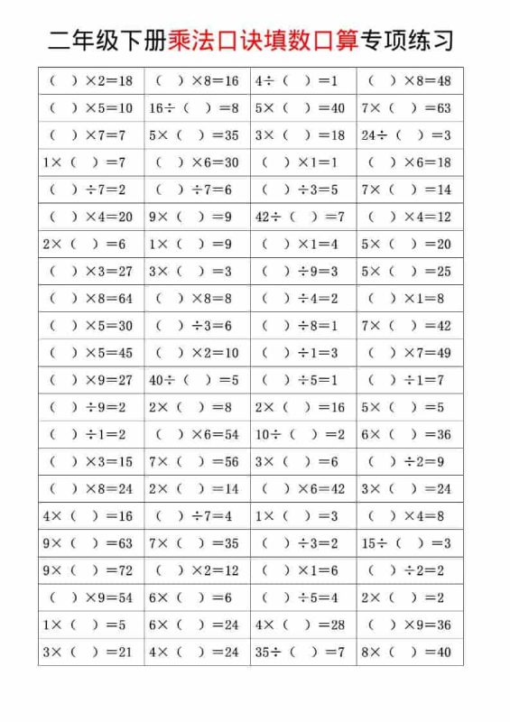 二年级下数学乘法口诀和混合运算专项练习-咖脉互联
