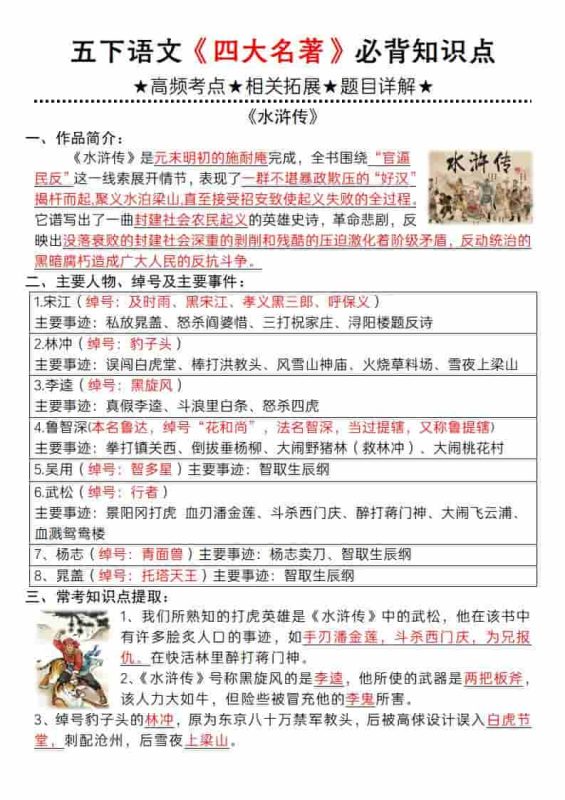 五年级下语文《四大名著》必背知识点-咖脉互联