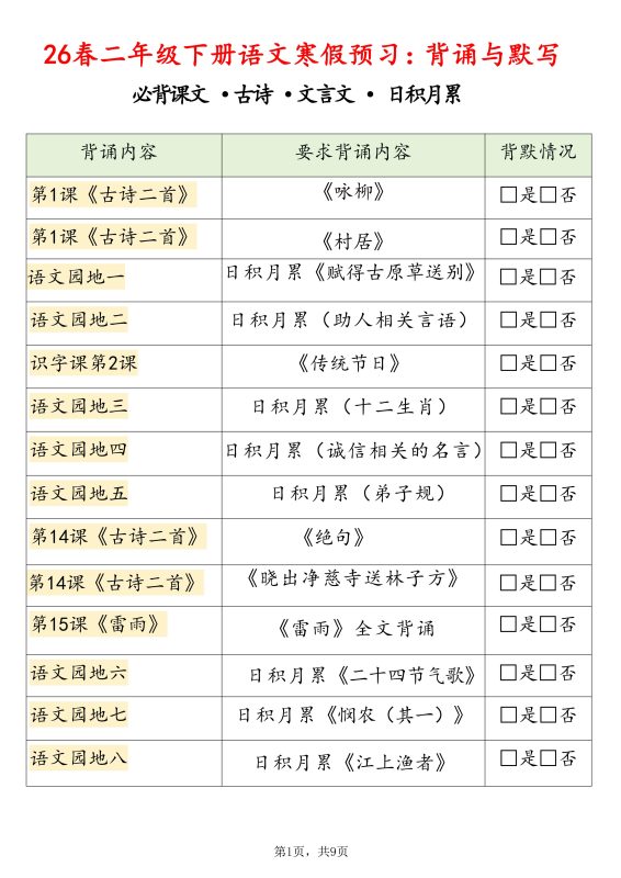 26春二下语文寒假预习背诵与默写（必背课文、古诗、文言文、日积月累）9页-咖脉互联