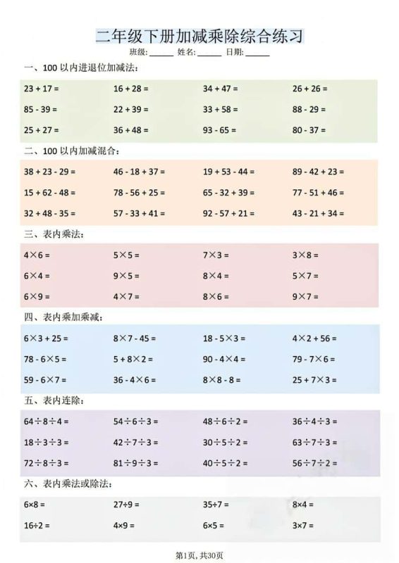 二年级下数学加减乘除综合练习-咖脉互联