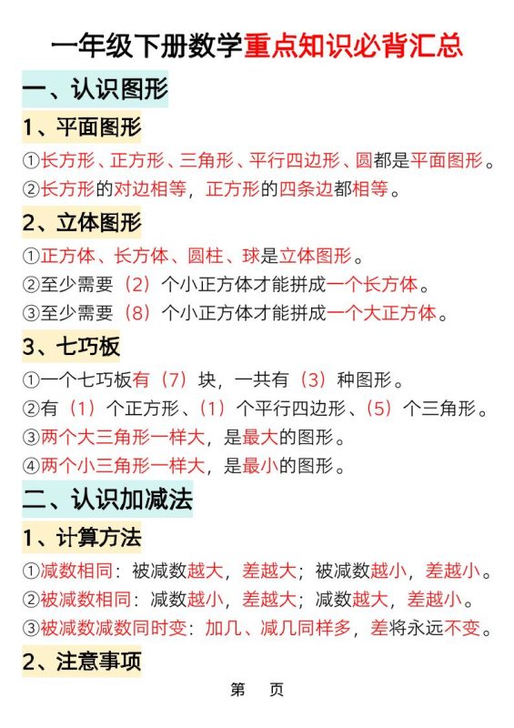 一年级下数学重点知识必背汇总-咖脉互联