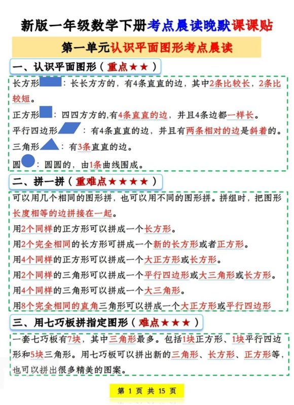 一年级下数学考点晨读晚默课课贴-咖脉互联