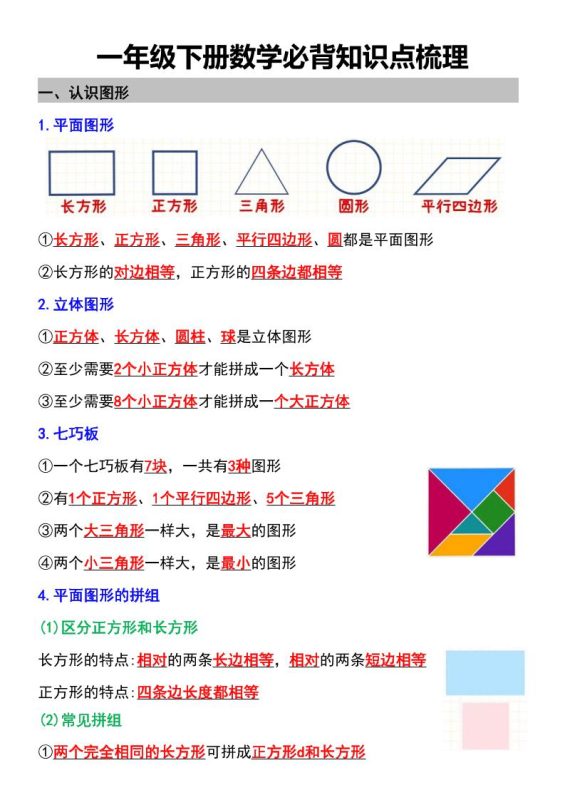 一年级下数学必背知识点梳理-咖脉互联