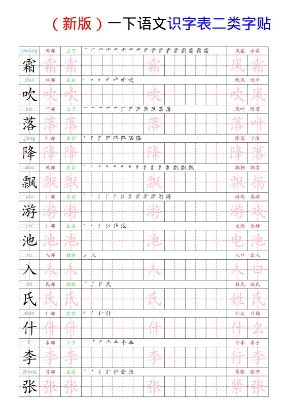（新版）一下语文识字表二类字贴-咖脉互联