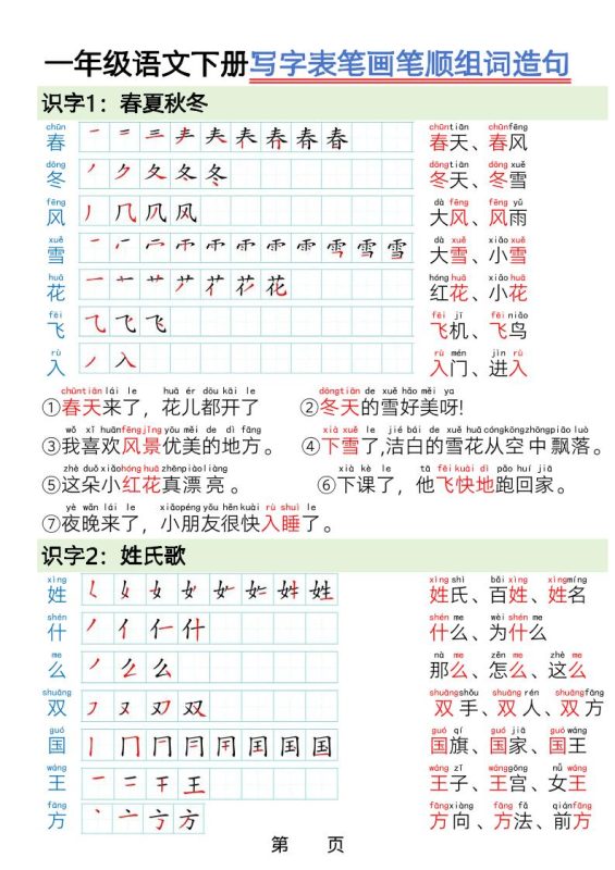 一年级下语文写字表笔画笔顺组词造句-咖脉互联