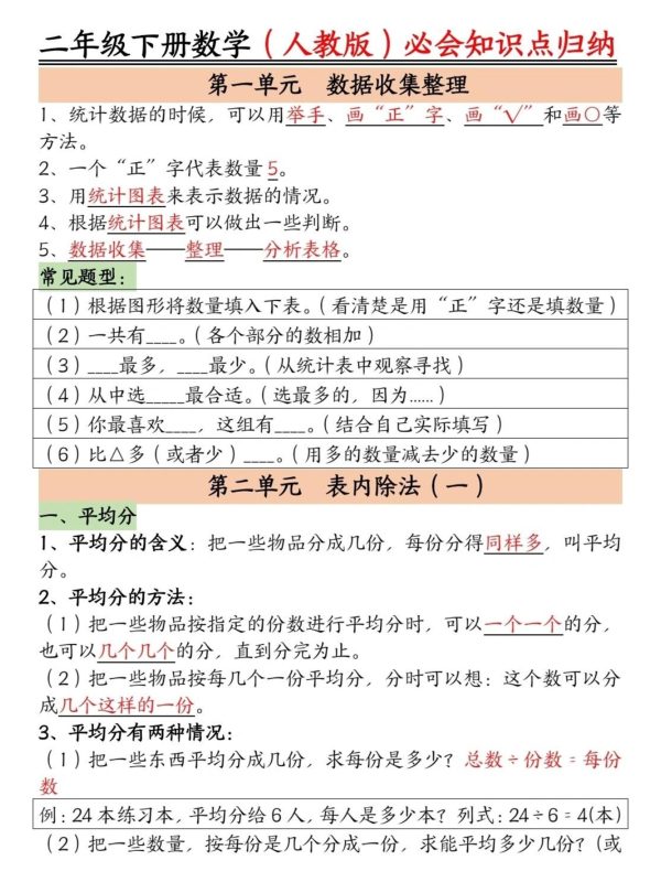 二年级下数学必背知识点归纳《人教版》-咖脉互联