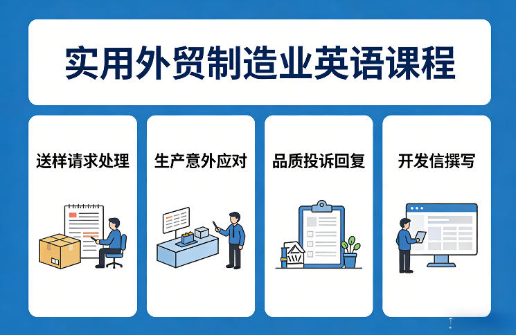 实用外贸制造业英语课程，教你专业处理送样请求、应对生产意外、回复品质投诉、撰写开发信等-咖脉互联