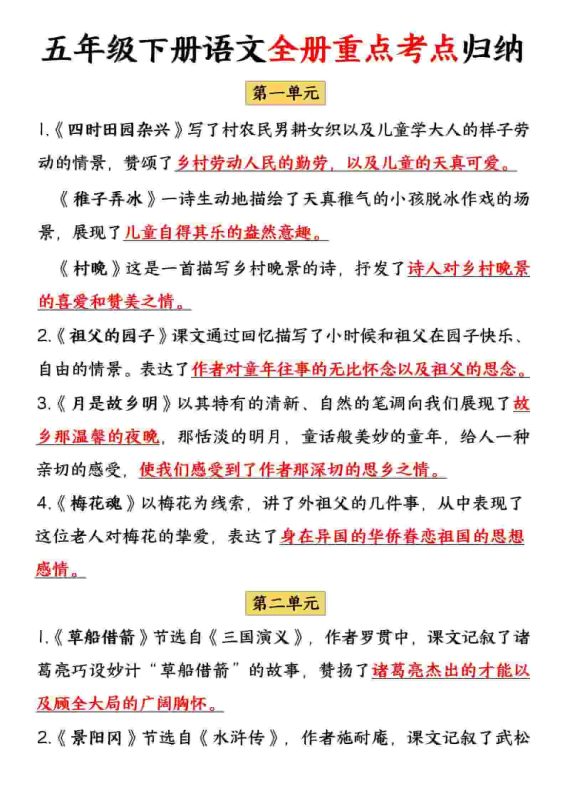五年级下语文全册重点考点归纳-咖脉互联