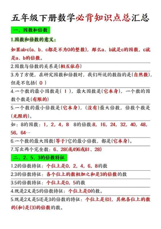 五年级下数学必背知识点总复习汇总《人教版》-咖脉互联