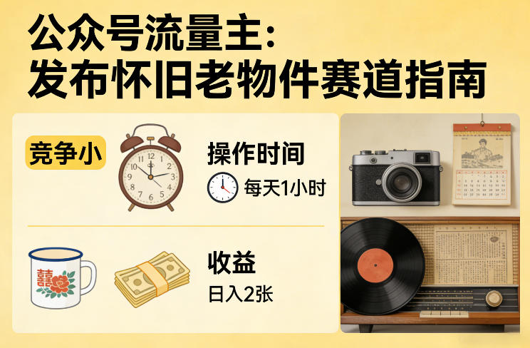 公众号流量主之发布怀旧老物件赛道,竞争小,每天操作1小时,日入2张-咖脉互联
