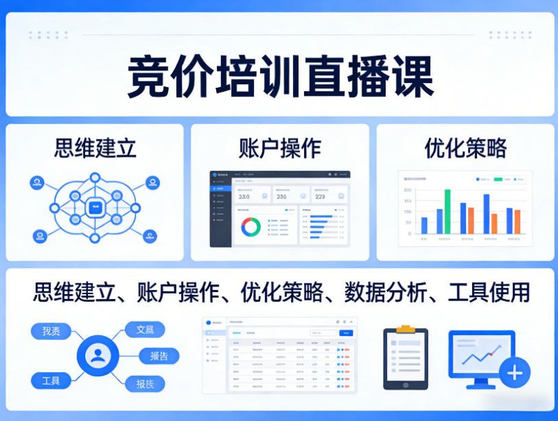 竞价培训直播课，覆盖思维建立、账户操作、优化策略、数据分析、工具使用等，全方位提升效果-咖脉互联