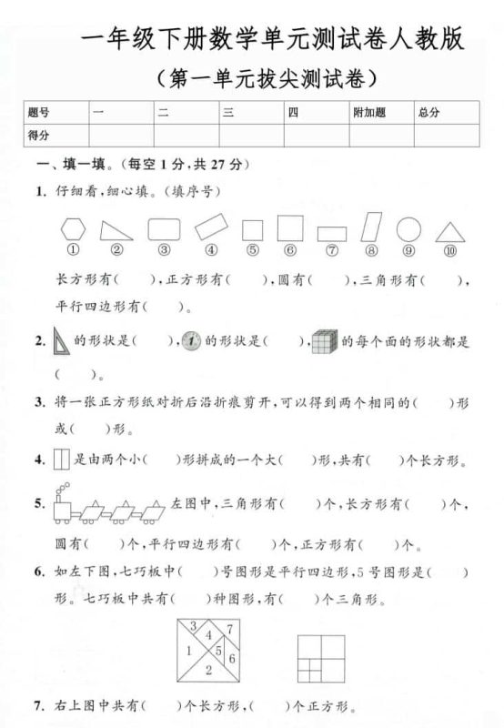 26春人教版一年级下数学第一单元测试卷3套含答案-咖脉互联