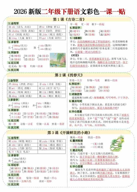 二年级下语文【彩色重点一课一贴】-咖脉互联
