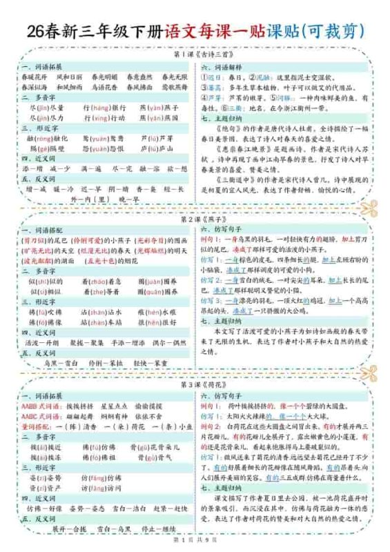 三年级下语文【彩色重点一课一贴】-咖脉互联