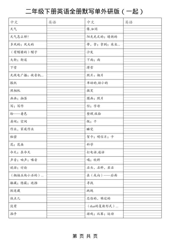 二年级下英语全册默写单（看中写英）《外研版（一起）》-咖脉互联