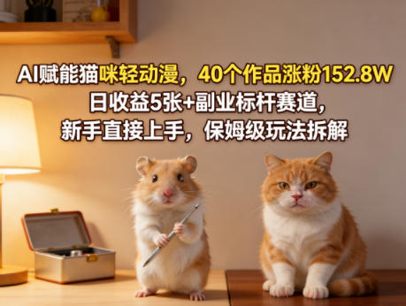 AI赋能猫咪轻动漫，40个作品涨粉152.8W，日收益5张+副业标杆赛道，新手直接上手，保姆级玩法拆解-咖脉互联
