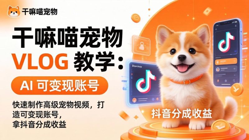 干嘛喵宠物 VLOG 教学：AI 快速制作高级宠物视频，打造可变现账号，拿抖音分成收益-咖脉互联