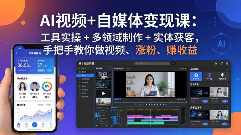 AI视频+自媒体变现课：工具实操 + 多领域制作 + 实体获客，手把手教你做视频、涨粉、赚收益-咖脉互联